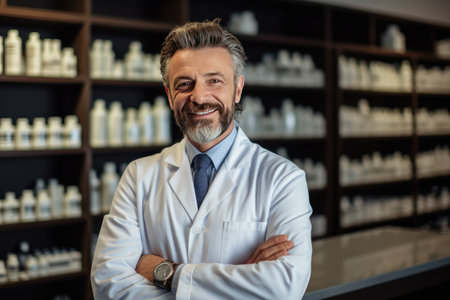 male Caucasian pharmacist stands in medical robe smiling, Portrait of smiling mature male pharmacist standing in pharmacy drugstore,AI generatedの素材