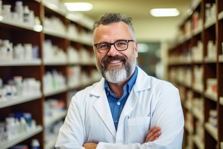 male Caucasian pharmacist stands in medical robe smiling, Portrait of smiling mature male pharmacist standing in pharmacy drugstore,AI generatedの素材