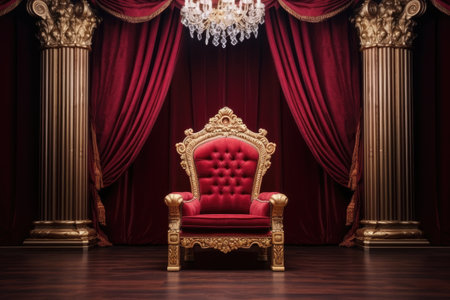 Throne Room with Gold royal chair, Luxury royal throne with red velvet curtain. 3d render, Ai generatedの素材
