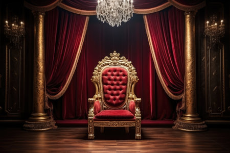 Throne Room with Gold royal chair, Luxury royal armchair in the interior of the royal palace, Ai generatedの素材