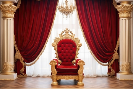 Throne Room with Gold royal chair, Luxury royal armchair in the interior of the royal palace, Ai generatedの素材