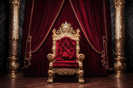 Throne Room with Gold royal chair, Luxury royal armchair in the interior of the royal palace, Ai generatedの素材