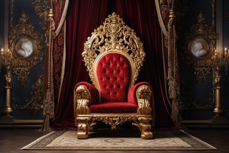 Throne Room with Gold royal chair, Classic interior with red armchair and golden curtains. 3d render, Ai generatedの素材