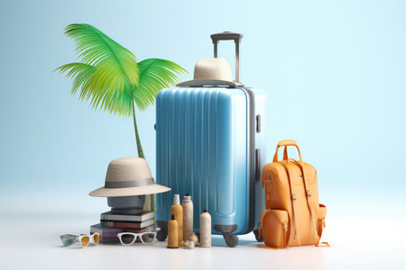 Suitcase with travel accessories on blue background, Suitcases, hat, sunglasses and palm leaves on green background, AI generatedの素材