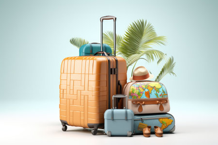 Suitcase with travel accessories on white background, Suitcases, hat, sunglasses and palm leaves on green background,AI generatedの素材