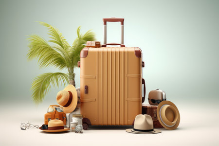 Suitcase with travel accessories on white background, AI generatedの素材