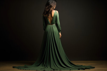 Beautiful woman in a long green dress on a dark background. Beautiful woman in a long green dress on the top of the hill Ai generatedの素材