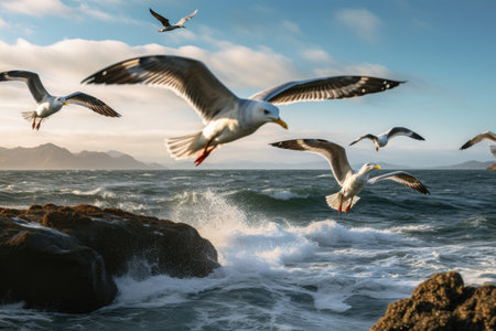 A group of seagulls soaring in a coastal breeze.3d rendered a group of seagulls flying under a blue sky over the beach, Ai generatedの素材