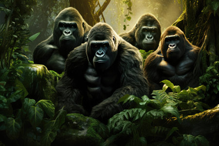 A group of gorillas in their natural rainforest habitat, Endangered primate sitting in African rainforest staring at camera , Ai generatedの素材