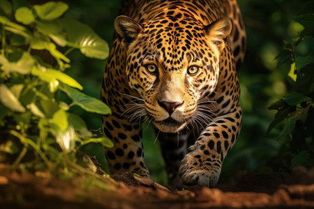 A jaguar prowling through the Amazon rainforest. Fierce jaguars prowling through the dense Amazon rainforest blending seamlessly into the shadows, AI generatedの素材