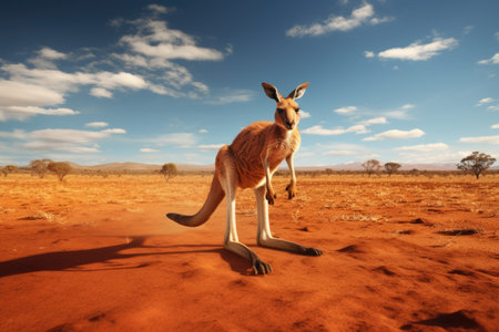 A kangaroo hopping across the Australian outback. Cute wallaby standing in grass at sunset, AI generatedの素材