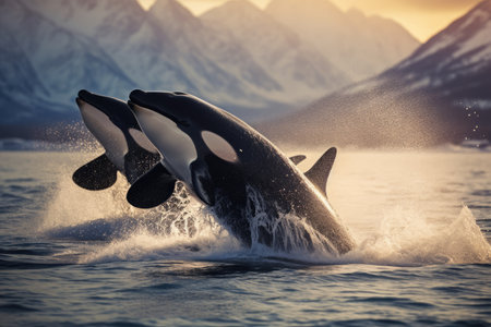 Orcas breaching in the Arctic waters. Ai generatedの素材