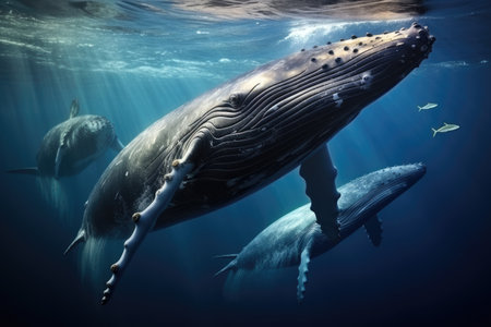 Humpback whales diving deep in the pacific, Ai generatedの素材