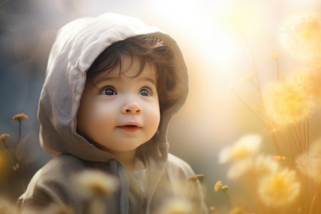 Cute little baby with blur background, Portrait of a cute little boy in the autumn forest. Happy child., Ai generatedの素材