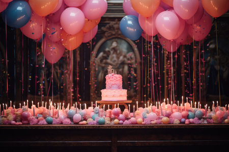 Birthday decoration, Wedding cake decorated with pink balloons and candles on the table, Ai Generatedの素材