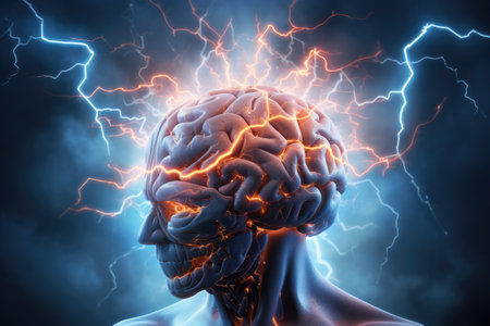 Human brain with thunderbolt, 3D illustration, computer generated image, Human brain with thunderbolt effect on dark background. 3D rendering, Ai generatedの素材