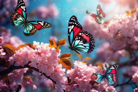 Beautiful butterflies assembling on blooming flowers. Beautiful butterfly on white flowers background, Ai generatedの素材