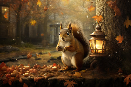A squirrel gathering acorns for winter, A squirrel gathering acorns for the winter, Ai generatedの素材
