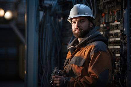 Photo of electrician worker and electric transformer behind, Man worker in a safety clothes performing quality control in production hall, Ai generatedの素材