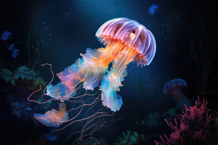 Beautiful jellyfish in the aquarium, Beautiful jellyfish swimming in the water. Underwater world, Jellyfish in the aquarium, Ai generatedの素材