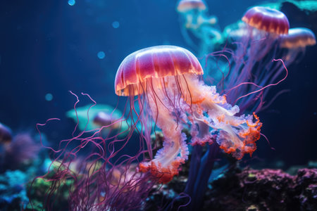 Beautiful jellyfish in the aquarium, Beautiful jellyfish, medusa in the neon light with the fishes. Aquarium with blue jellyfish and lots of fish,Ai generatedの素材
