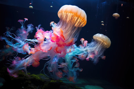 Beautiful jellyfish in the aquarium, Beautiful jellyfish swimming in the water. Underwater world, Jellyfish in the aquarium, Ai generatedの素材