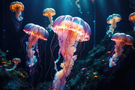 Beautiful jellyfish in the aquarium, Jellyfish swimming underwater in the deep blue ocean, Ai generatedの素材