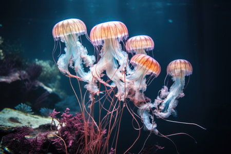 Beautiful jellyfish in the aquarium, Beautiful jellyfish swimming in the water. Underwater world, Jellyfish in the aquarium, Ai generatedの素材