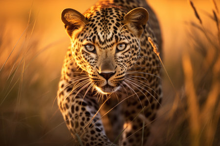 Leopard prowling through the tall grass of the plains. Close up of a leopard's face , Ai generatedの素材