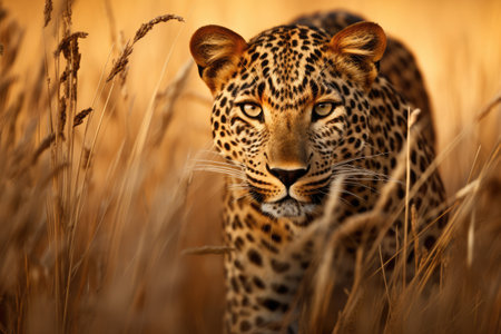 Leopard prowling through the tall grass of the plains. Wild African leopard close up , Ai generatedの素材