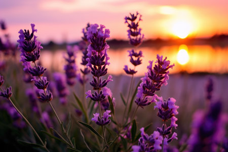 Close photo Beautiful lavender at sunset, Close up lavender flowers in beautiful field at sunset, AI generatedの素材