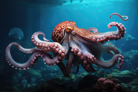 An octopus exploring a sunken pirate ship. Treasure Hunt: Octopus, Treasure, and Deep-Sea Diver Captured by Tim Walker Ai generatedの素材