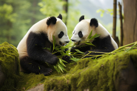 Panda bears munching on bamboo in the forest, A panda bear peacefully munching on bamboo in a lush forest, Ai generated.の素材