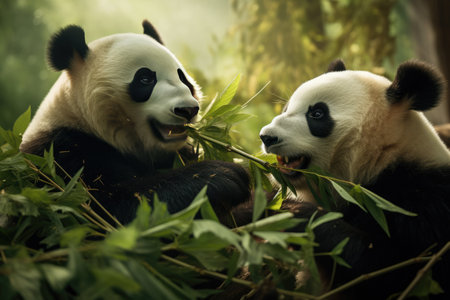 Panda bears munching on bamboo in the forest, Hungry panda bears eating bamboo in forest, Ai generatedの素材