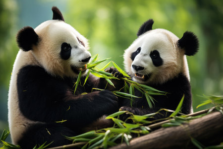 Panda bears munching on bamboo in the forest, Hungry panda bears eating bamboo in forest, Ai generatedの素材