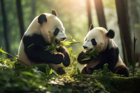 Panda bears munching on bamboo in the forest, Hungry giant panda bear eating bamboo, Ai generatedの素材