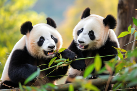 Panda bears munching on bamboo in the forest, Giant panda bears eating bamboo in forest, Ai generatedの素材