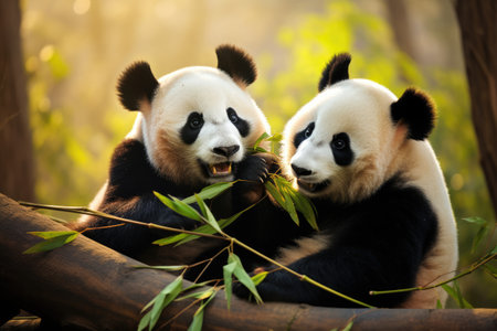 Panda bears munching on bamboo in the forest, Hungry giant panda bear eating bamboo, Ai generatedの素材