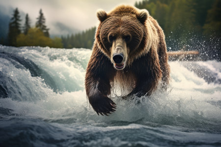 A powerful bear fishing for salmon in a wild river. Photo animal holding fish while wading in lake, Ai generatedの素材