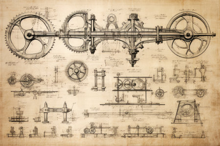 Vintage blueprint of a technical device or machinery. hand drawn engine blueprint, Ai generatedの素材