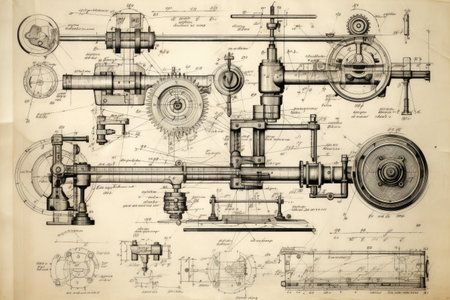 Vintage blueprint of a technical device or machinery. Photo invention blueprint of engine on vintage paper generative aiの素材