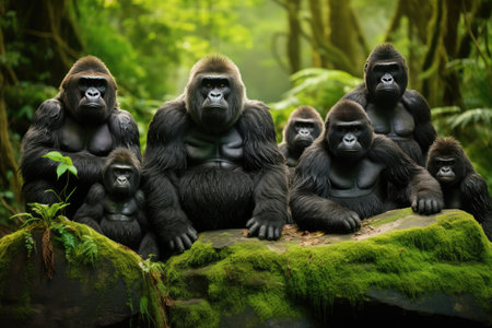 A group of gorillas in their natural rainforest habitat, Black macaque staring in tropical rainforest, Ai generatedの素材