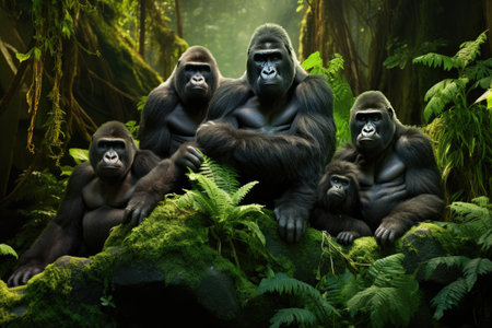 A group of gorillas in their natural rainforest habitat, Black macaque staring in tropical rainforest, Ai generatedの素材