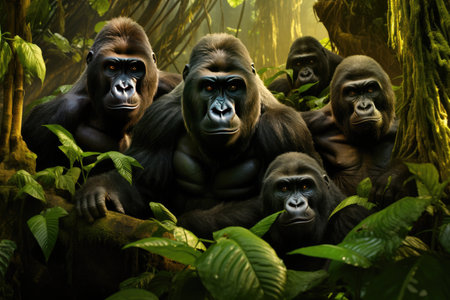 A group of gorillas in their natural rainforest habitat. A group of gorillas in their natural rainforest habitat, Close up portrait of cute endangered primate generated by AIの素材