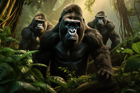 A group of gorillas in their natural rainforest habitat, Close up portrait of cute endangered primate generated by AIの素材