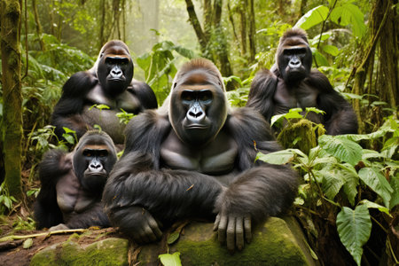 A group of gorillas in their natural rainforest habitat. A group of gorillas in their natural rainforest habitat, Close up portrait of cute endangered primate generated by AIの素材