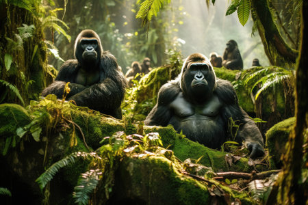 A group of gorillas in their natural rainforest habitat, Close up portrait of cute endangered primate generated by AIの素材