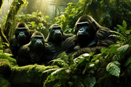 A group of gorillas in their natural rainforest habitat, Black macaque staring in tropical rainforest, Ai generatedの素材