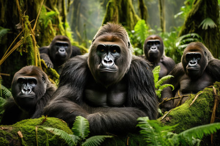 A group of gorillas in their natural rainforest habitat. A group of gorillas in their natural rainforest habitat, Close up portrait of cute endangered primate generated by AIの素材