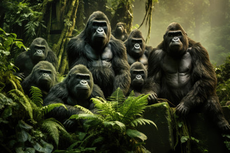 A group of gorillas in their natural rainforest habitat. A group of gorillas in their natural rainforest habitat, Close up portrait of cute endangered primate generated by AIの素材